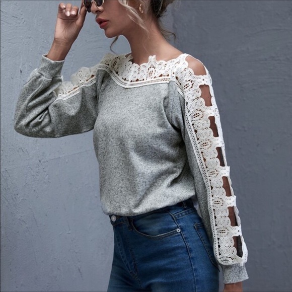 FINAL MARK-DOWN “HELLO FALL TOP GREY/WHITE LACE LS - Picture 3 of 5